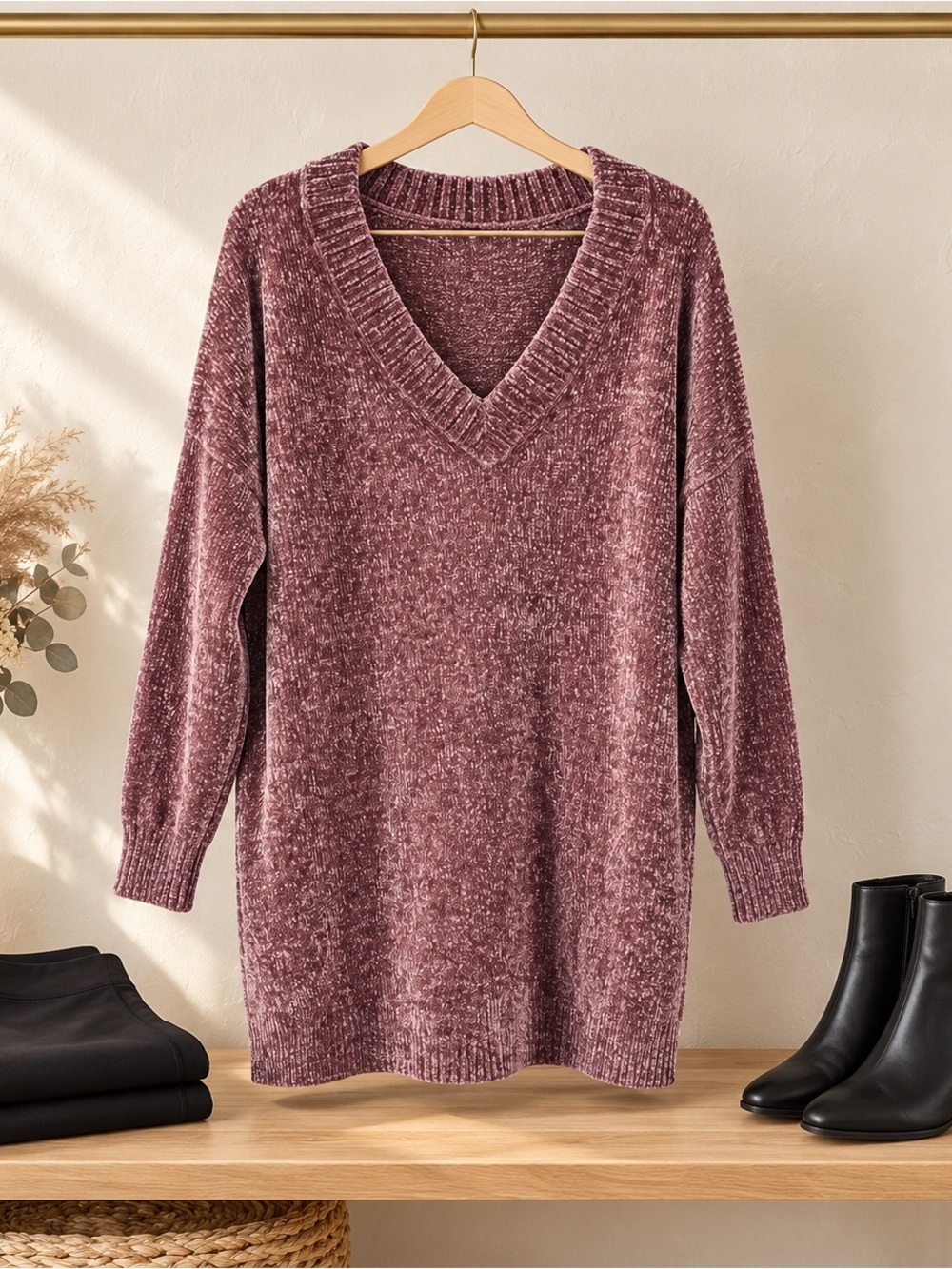 Express Chenille Tunic Sweater Medium Dusty Rose Oversized V Neck Longline